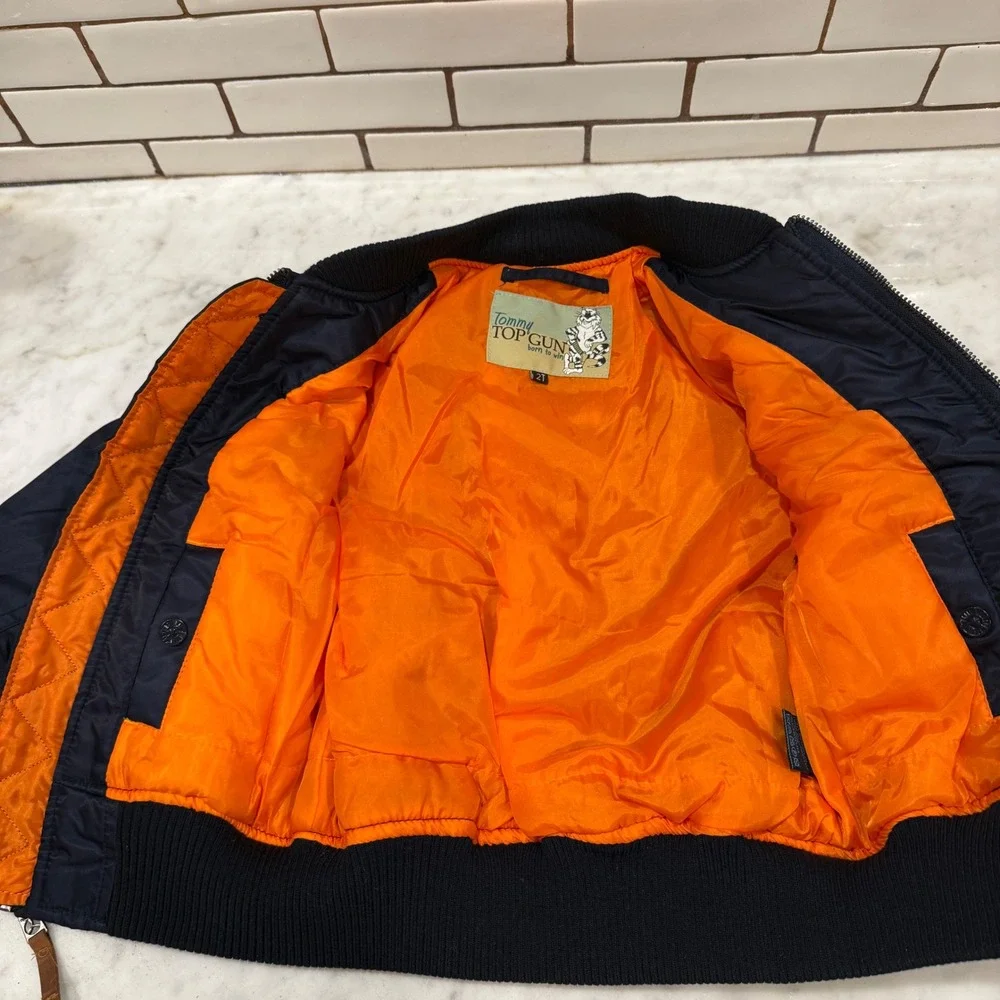 Kids Tommy Top‎ Gun Bomber Jacket Navy Blue Orange Lined Patches Size 2T